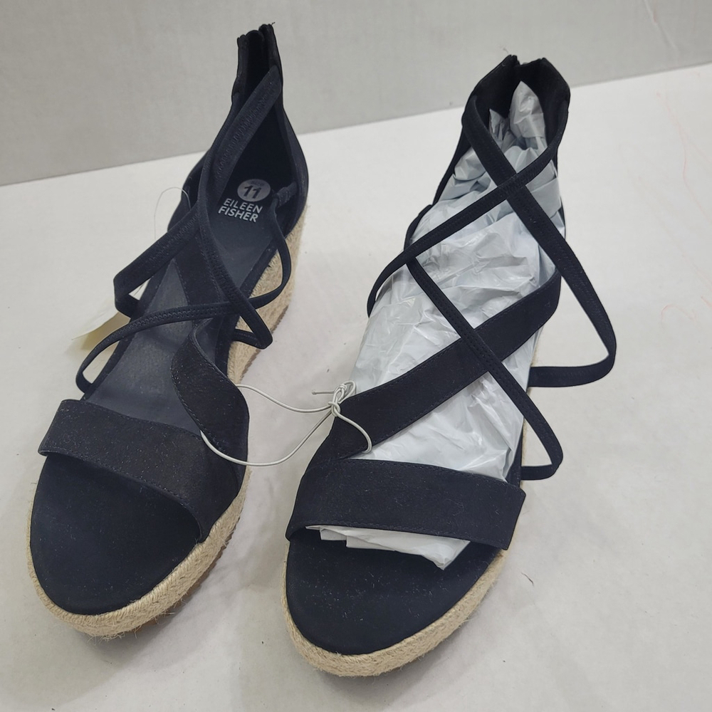NEW Eileen Fisher Wanda Black Tumbled Nubuck Espadrille Wedge Sandal, Size 11 - Picture 8 of 11
